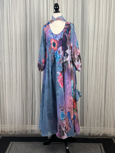 Rachelle Hill - Digital print Slim Petite Lined maxi Viya Dress with Scarf - Rangeelaa - Fairtrade Sustainable Women's Clothing